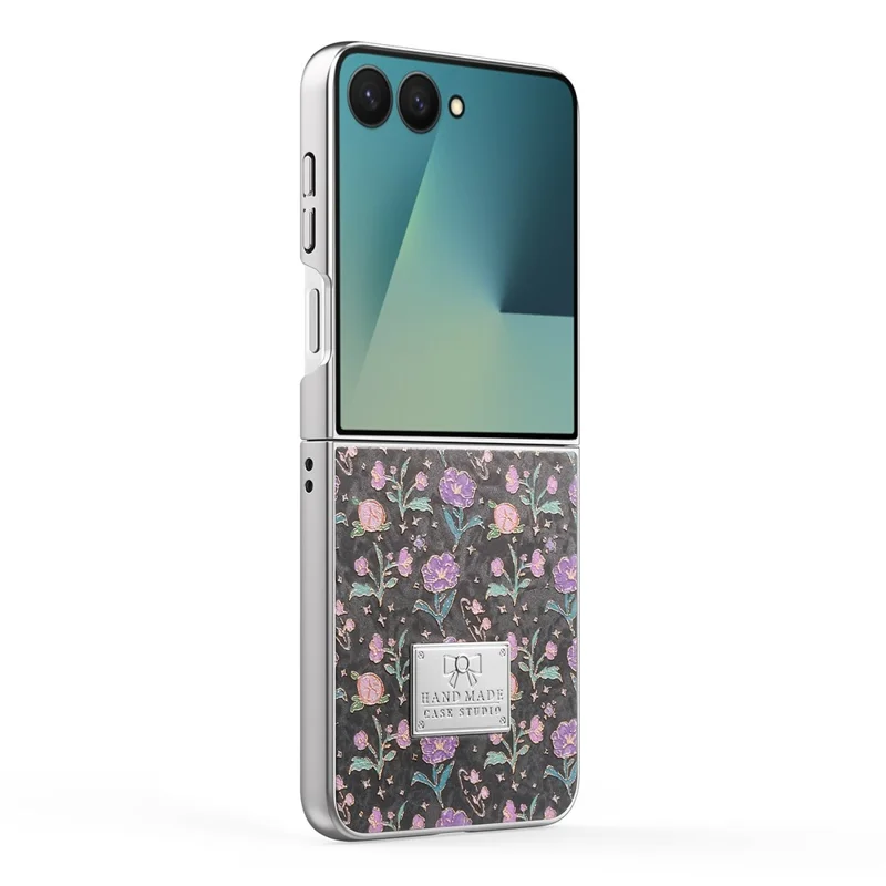For Samsung Galaxy Z Flip7 5G Case Electroplating Floral Pattern PU Leather + Hard PC Phone Cover - Black