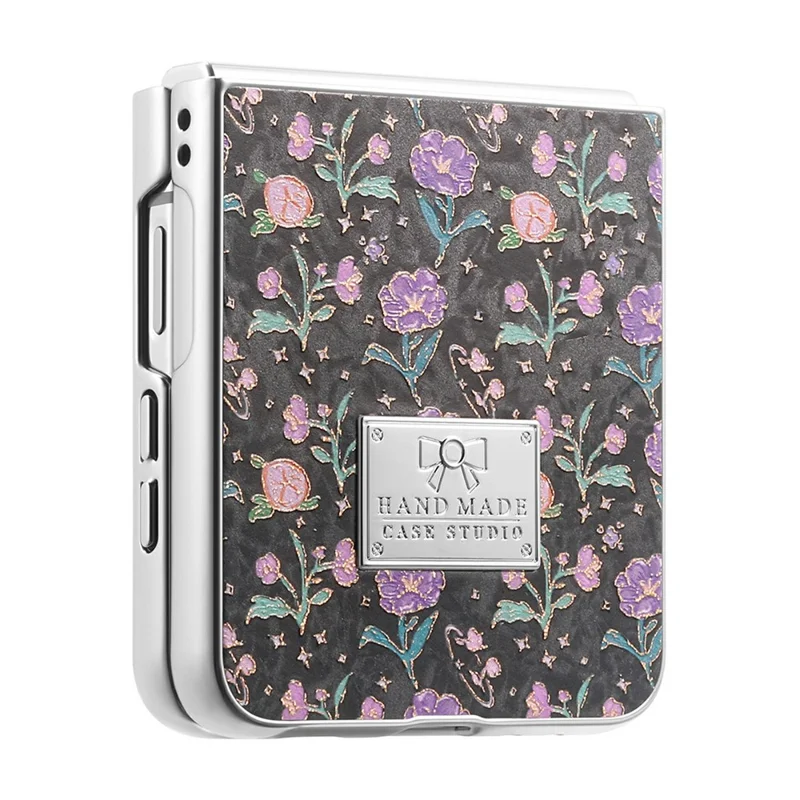 For Samsung Galaxy Z Flip7 5G Case Electroplating Floral Pattern PU Leather + Hard PC Phone Cover - Black