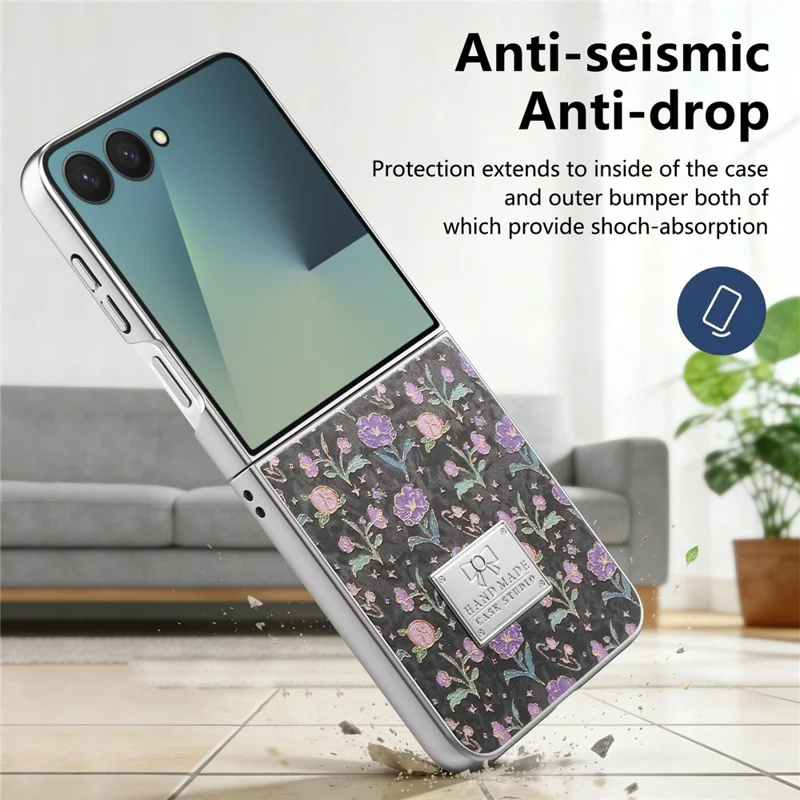 For Samsung Galaxy Z Flip7 5G Case Electroplating Floral Pattern PU Leather + Hard PC Phone Cover - Black