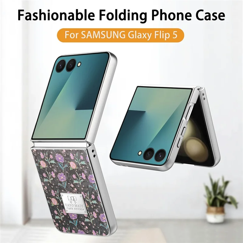 For Samsung Galaxy Z Flip7 5G Case Electroplating Floral Pattern PU Leather + Hard PC Phone Cover - Black