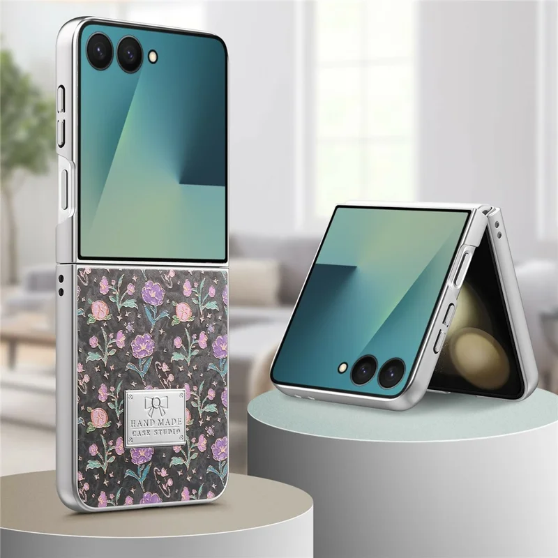 For Samsung Galaxy Z Flip7 5G Case Electroplating Floral Pattern PU Leather + Hard PC Phone Cover - Black
