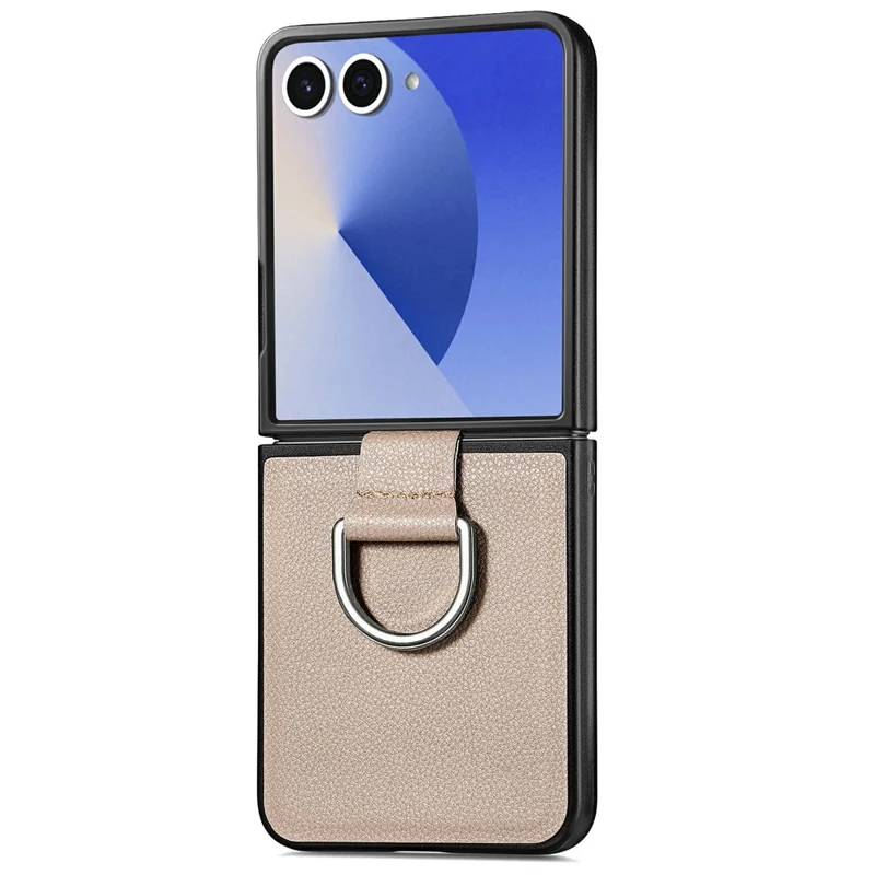 For Samsung Galaxy Z Flip8 Case Litchi Texture Leather + Pc Phone Cover with Ring Holder - Khaki