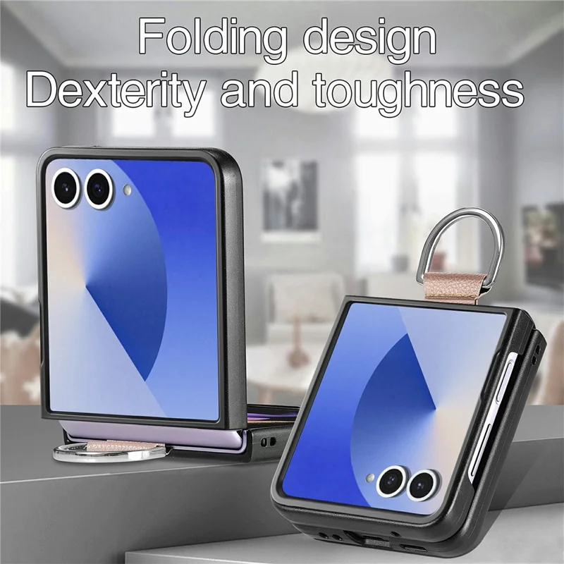 For Samsung Galaxy Z Flip8 Case Litchi Texture Leather + Pc Phone Cover with Ring Holder - Khaki