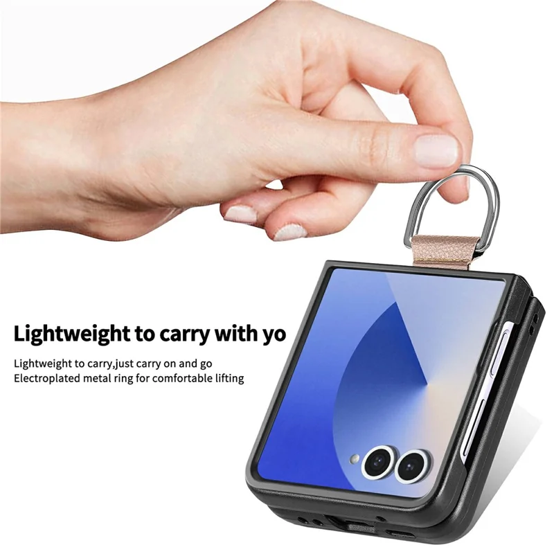 For Samsung Galaxy Z Flip8 Case Litchi Texture Leather + Pc Phone Cover with Ring Holder - Khaki