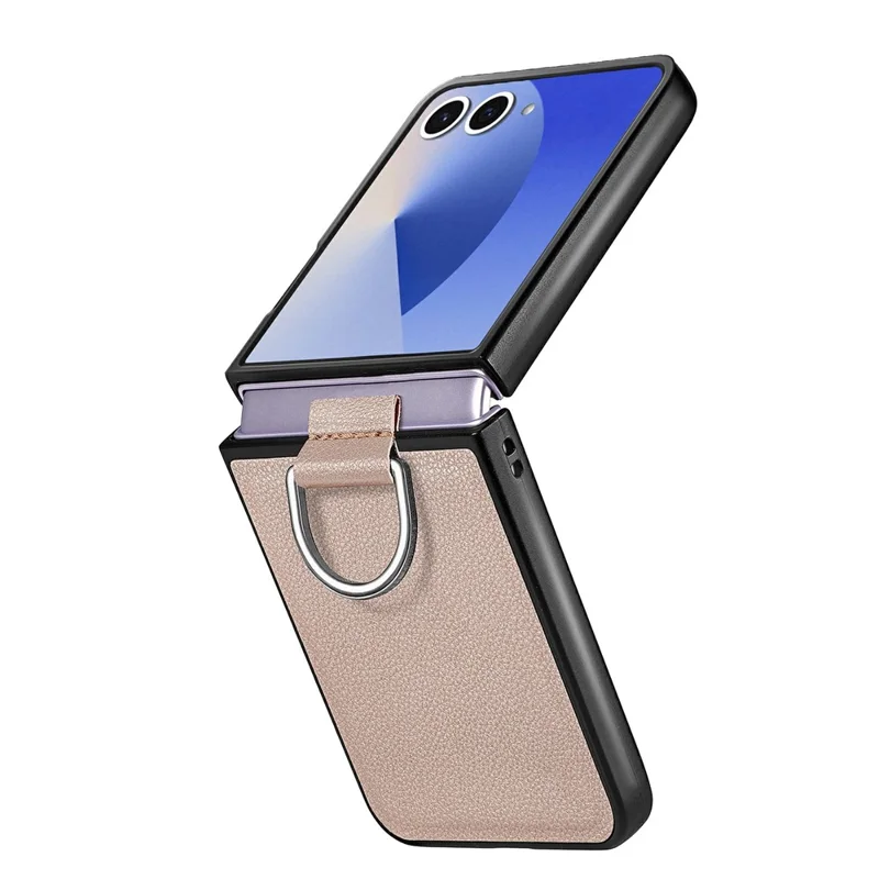 For Samsung Galaxy Z Flip8 Case Litchi Texture Leather + Pc Phone Cover with Ring Holder - Khaki