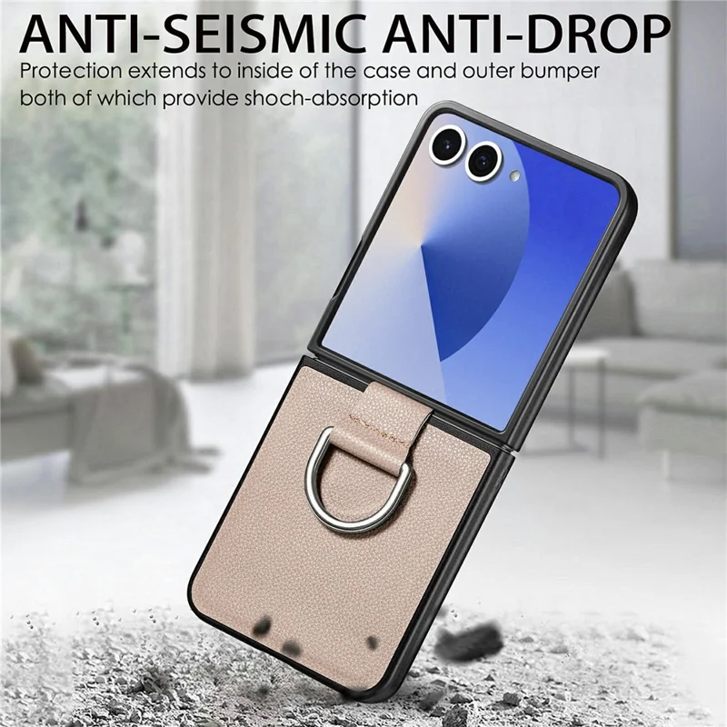 For Samsung Galaxy Z Flip8 Case Litchi Texture Leather + Pc Phone Cover with Ring Holder - Khaki
