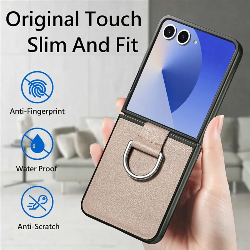 For Samsung Galaxy Z Flip8 Case Litchi Texture Leather + Pc Phone Cover with Ring Holder - Khaki