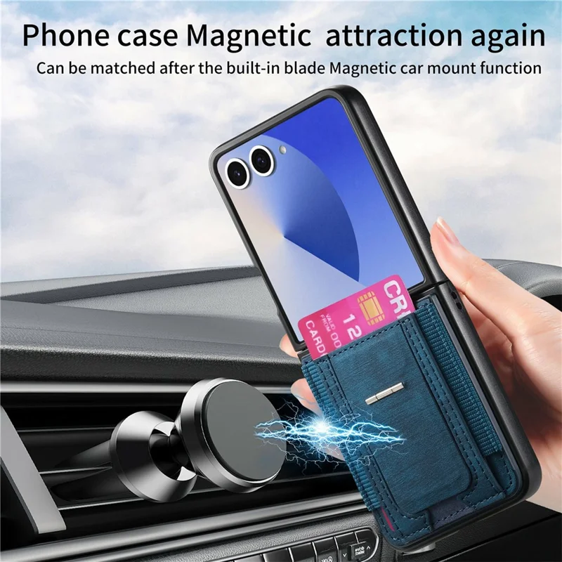 For Samsung Galaxy Z Flip8 Case Kickstand Retro Leather Back Cover with Card Holder - Blue
