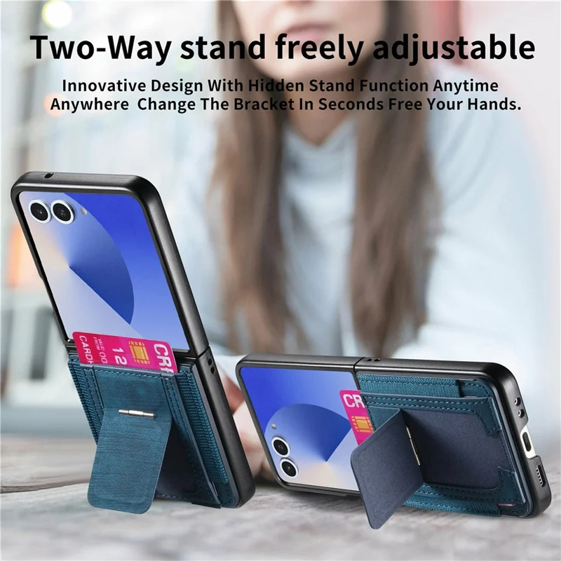 For Samsung Galaxy Z Flip8 Case Kickstand Retro Leather Back Cover with Card Holder - Blue