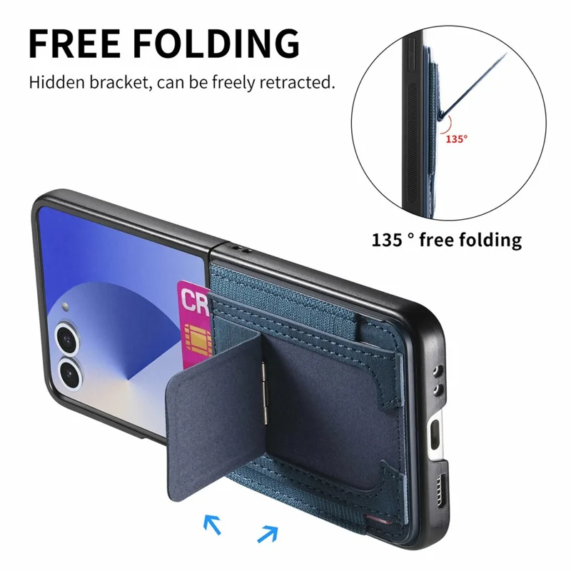 For Samsung Galaxy Z Flip8 Case Kickstand Retro Leather Back Cover with Card Holder - Blue