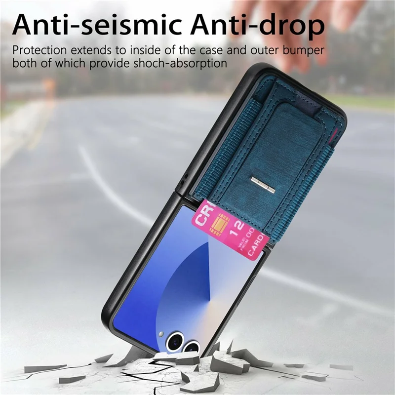 For Samsung Galaxy Z Flip8 Case Kickstand Retro Leather Back Cover with Card Holder - Blue