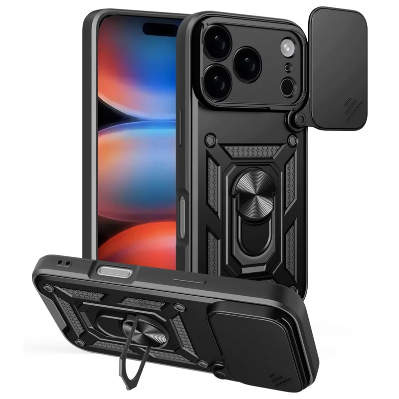 For iPhone 18 Pro Case with Slide Camera Lid PC + TPU Kickstand Phone Cover - Black