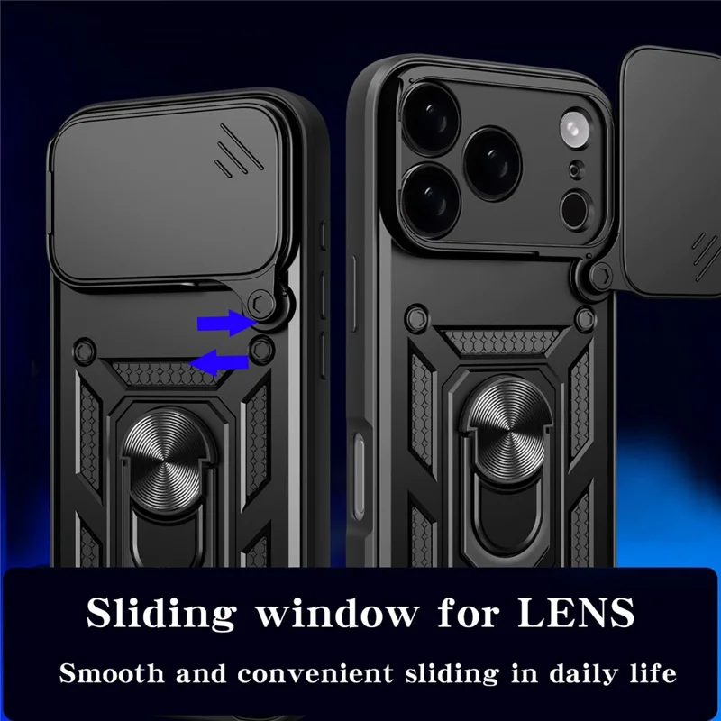 For iPhone 18 Pro Case with Slide Camera Lid PC + TPU Kickstand Phone Cover - Black