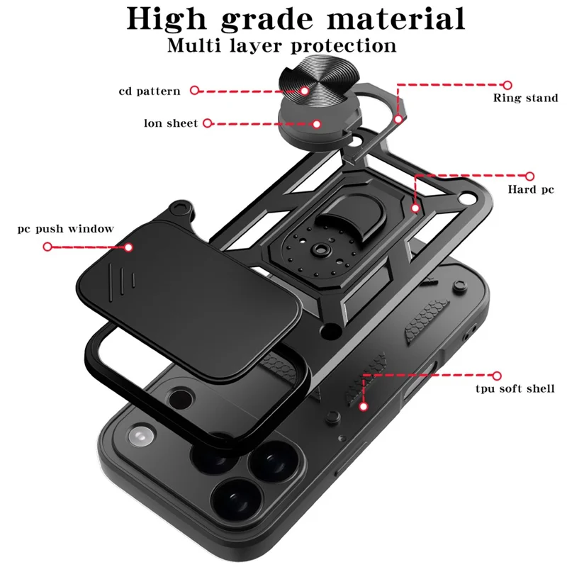 For iPhone 18 Pro Case with Slide Camera Lid PC + TPU Kickstand Phone Cover - Black