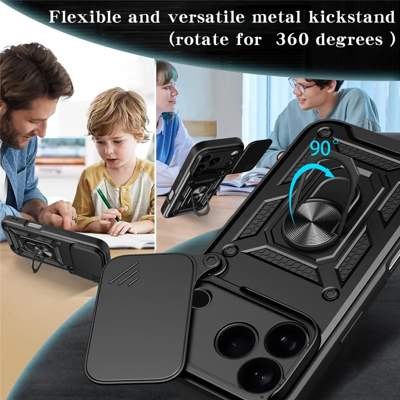 For iPhone 18 Pro Case with Slide Camera Lid PC + TPU Kickstand Phone Cover - Black