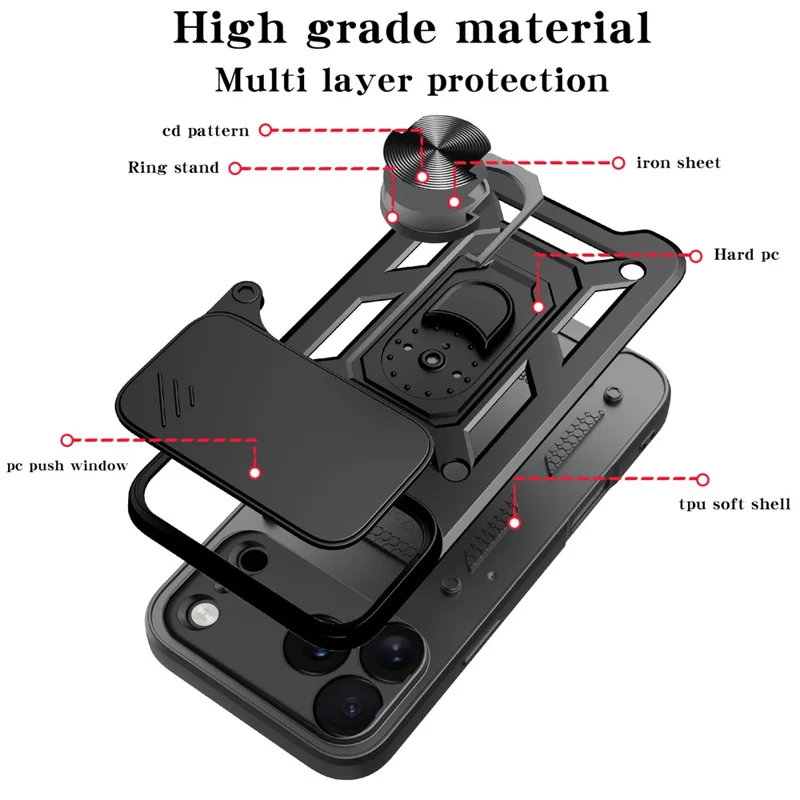 For iPhone 18 Pro Max Case met Schuifbare Cameraafdekking PC + TPU Standaard Hoes - Zwart