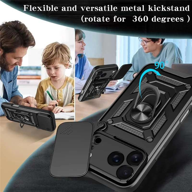 For iPhone 18 Pro Max Case met Schuifbare Cameraafdekking PC + TPU Standaard Hoes - Zwart