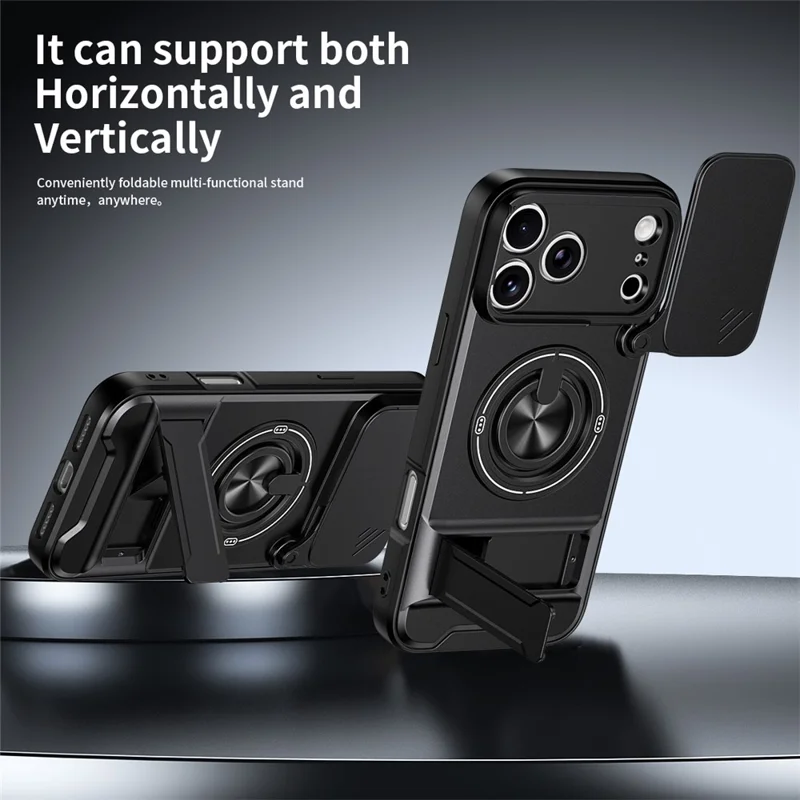 For iPhone 18 Pro / 17 Pro Magnetic Case Ring Holder Foldable Kickstand TPU PC Phone Cover with Camera Lens Slider - Black