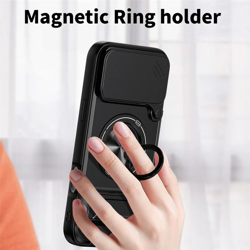 For iPhone 18 Pro / 17 Pro Magnetic Case Ring Holder Foldable Kickstand TPU PC Phone Cover with Camera Lens Slider - Black