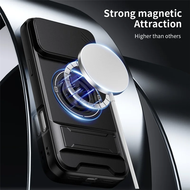 For iPhone 18 Pro / 17 Pro Magnetic Case Ring Holder Foldable Kickstand TPU PC Phone Cover with Camera Lens Slider - Black