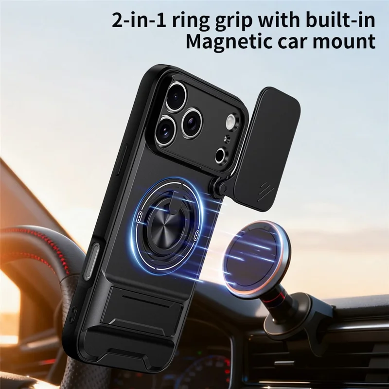 For iPhone 18 Pro / 17 Pro Magnetic Case Ring Holder Foldable Kickstand TPU PC Phone Cover with Camera Lens Slider - Black