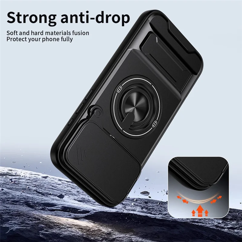 For iPhone 18 Pro / 17 Pro Magnetic Case Ring Holder Foldable Kickstand TPU PC Phone Cover with Camera Lens Slider - Black