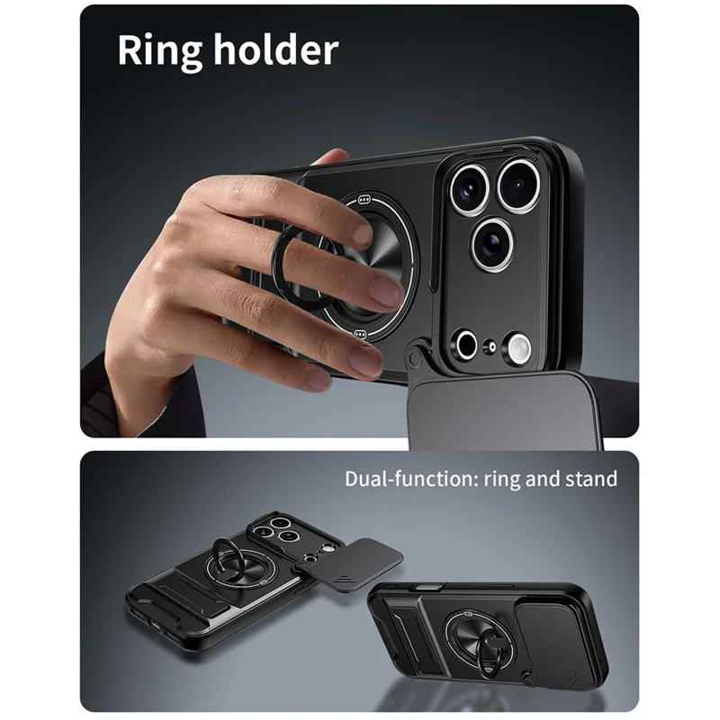 For iPhone 18 Pro / 17 Pro Magnetic Case Ring Holder Foldable Kickstand TPU PC Phone Cover with Camera Lens Slider - Black