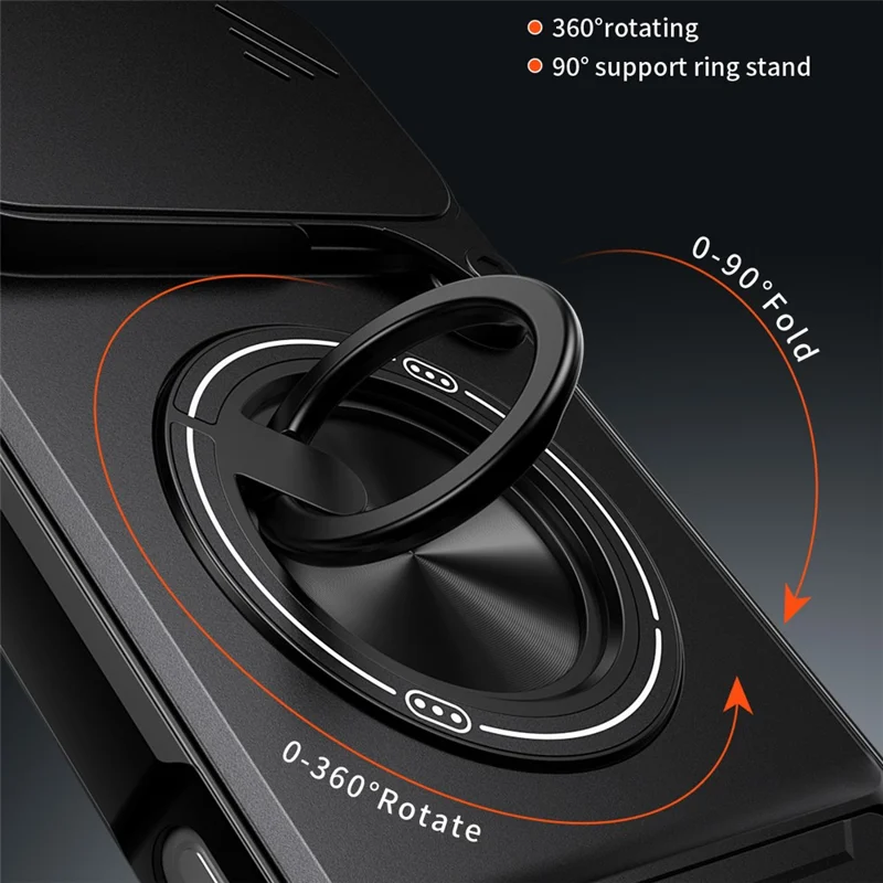 For iPhone 18 Pro / 17 Pro Magnetic Case Ring Holder Foldable Kickstand TPU PC Phone Cover with Camera Lens Slider - Black