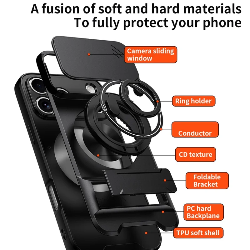 For iPhone 18 Pro / 17 Pro Magnetic Case Ring Holder Foldable Kickstand TPU PC Phone Cover with Camera Lens Slider - Black