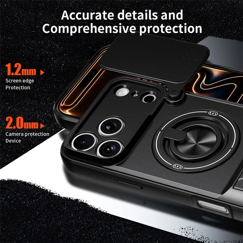 For iPhone 18 Pro / 17 Pro Magnetic Case Ring Holder Foldable Kickstand TPU PC Phone Cover with Camera Lens Slider - Black