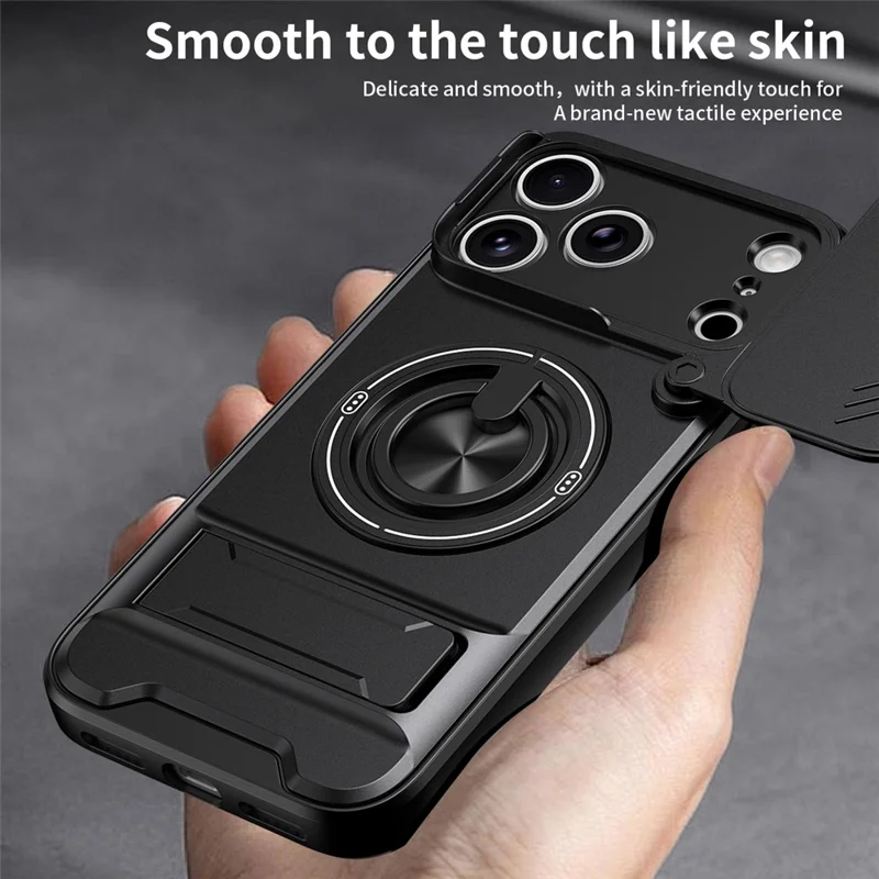 For iPhone 18 Pro / 17 Pro Magnetic Case Ring Holder Foldable Kickstand TPU PC Phone Cover with Camera Lens Slider - Black
