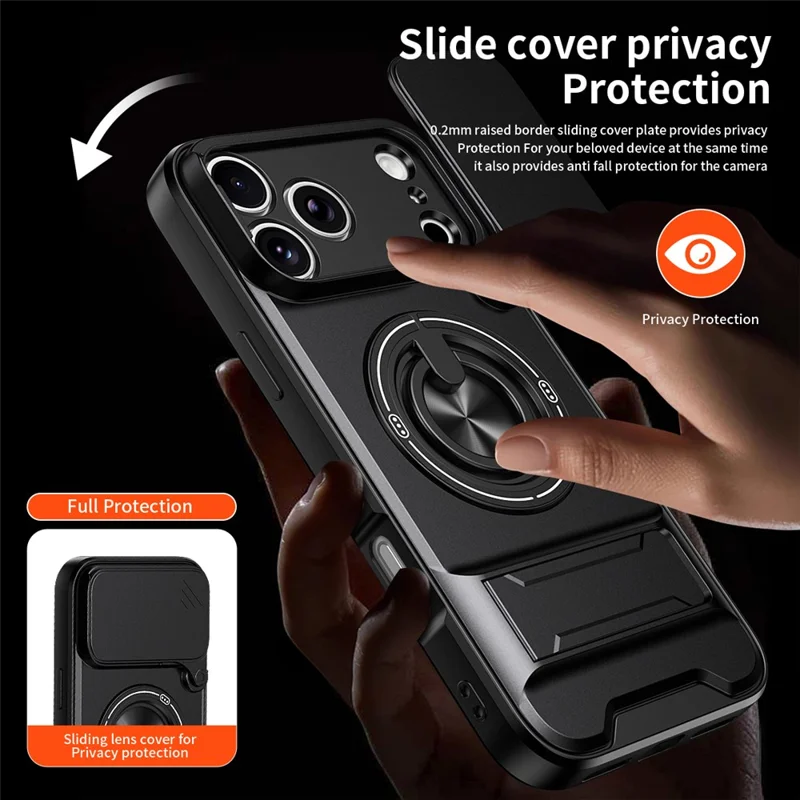 For iPhone 18 Pro / 17 Pro Magnetic Case Ring Holder Foldable Kickstand TPU PC Phone Cover with Camera Lens Slider - Black
