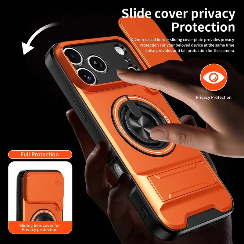 For iPhone 18 Pro Max / 17 Pro Max Magnetic Case Ring Holder Foldable Kickstand TPU PC Phone Cover with Camera Lens Slider - Orange