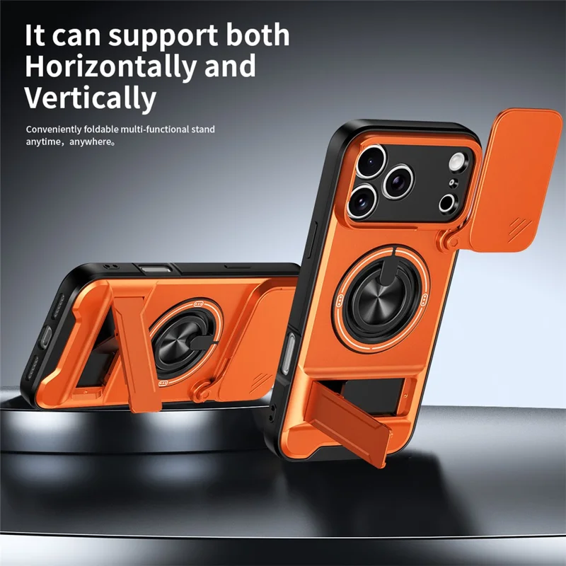 For iPhone 18 Pro Max / 17 Pro Max Magnetic Case Ring Holder Foldable Kickstand TPU PC Phone Cover with Camera Lens Slider - Orange