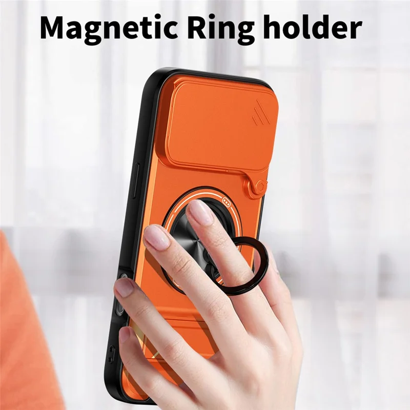 For iPhone 18 Pro Max / 17 Pro Max Magnetic Case Ring Holder Foldable Kickstand TPU PC Phone Cover with Camera Lens Slider - Orange