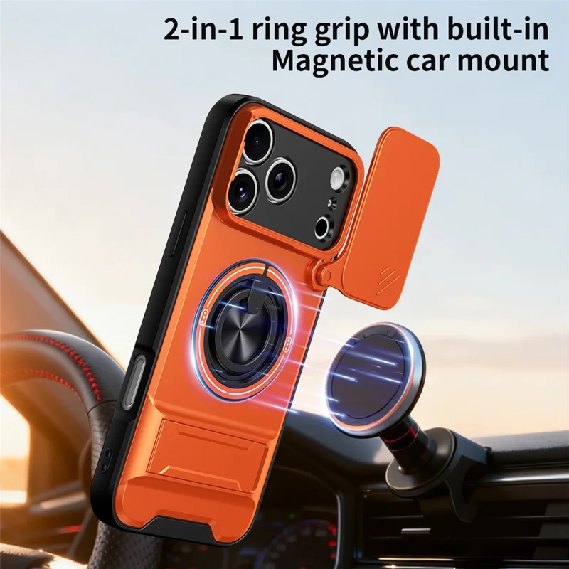 For iPhone 18 Pro Max / 17 Pro Max Magnetic Case Ring Holder Foldable Kickstand TPU PC Phone Cover with Camera Lens Slider - Orange