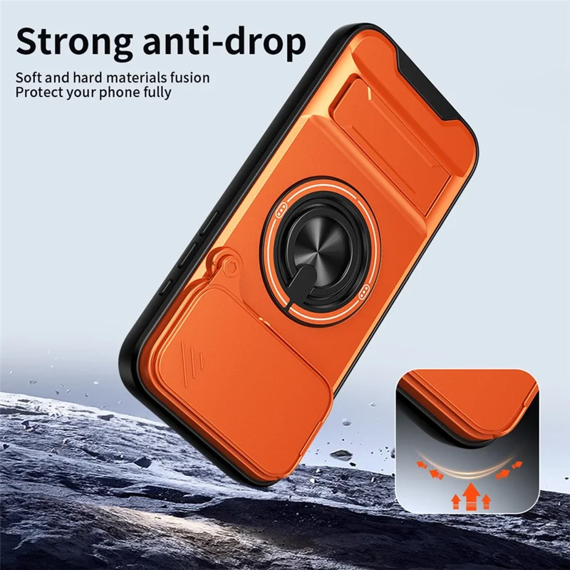 For iPhone 18 Pro Max / 17 Pro Max Magnetic Case Ring Holder Foldable Kickstand TPU PC Phone Cover with Camera Lens Slider - Orange