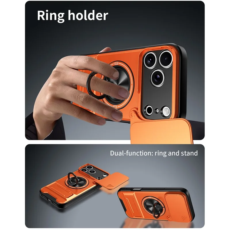 For iPhone 18 Pro Max / 17 Pro Max Magnetic Case Ring Holder Foldable Kickstand TPU PC Phone Cover with Camera Lens Slider - Orange