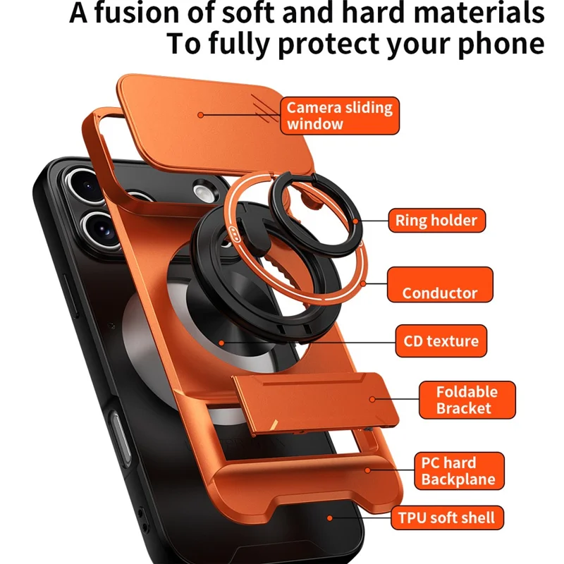 For iPhone 18 Pro Max / 17 Pro Max Magnetic Case Ring Holder Foldable Kickstand TPU PC Phone Cover with Camera Lens Slider - Orange