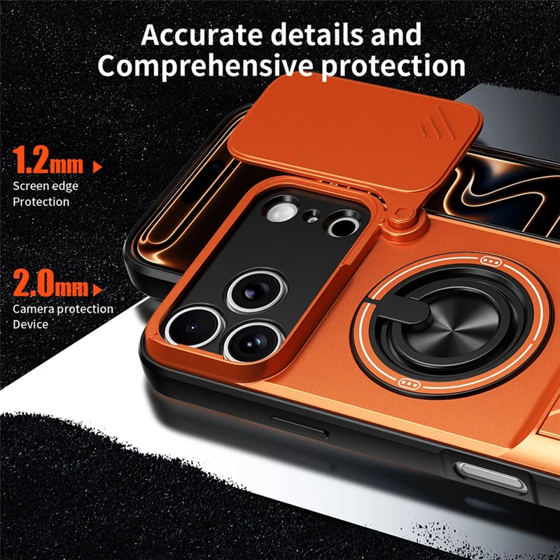 For iPhone 18 Pro Max / 17 Pro Max Magnetic Case Ring Holder Foldable Kickstand TPU PC Phone Cover with Camera Lens Slider - Orange