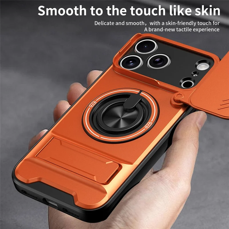 For iPhone 18 Pro Max / 17 Pro Max Magnetic Case Ring Holder Foldable Kickstand TPU PC Phone Cover with Camera Lens Slider - Orange