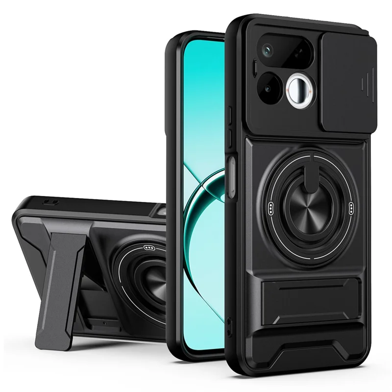 For Realme 16T 5G Magnetic Case Ring Holder Foldable Kickstand TPU PC Phone Cover with Camera Lens Slider - Black