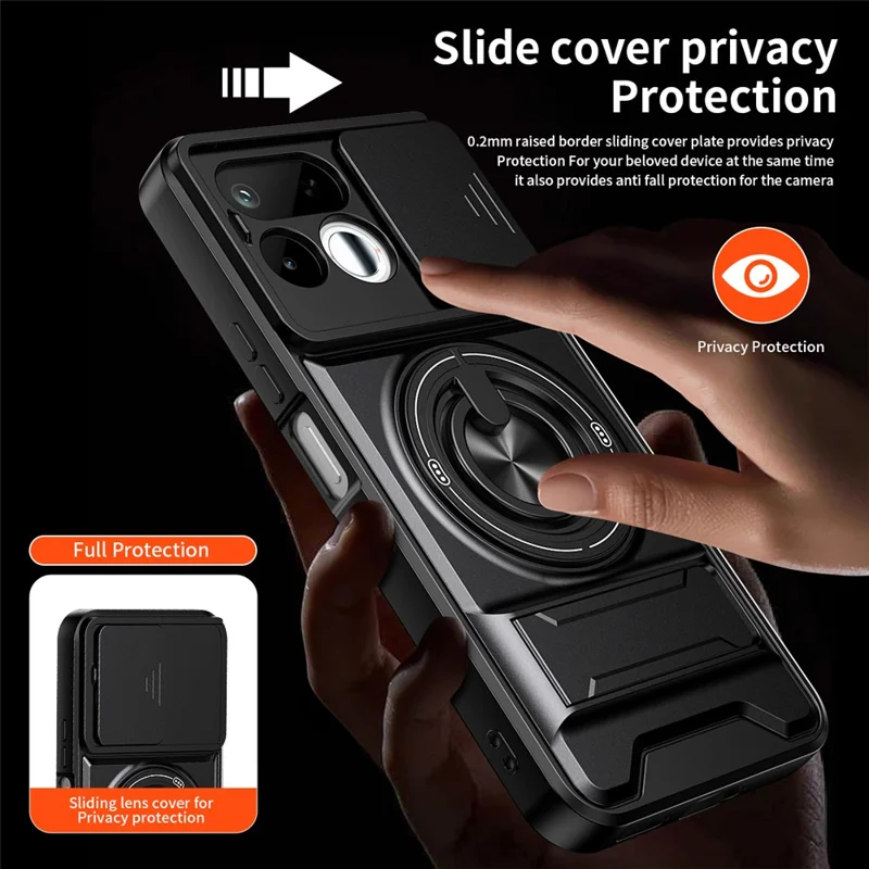 For Realme 16T 5G Magnetic Case Ring Holder Foldable Kickstand TPU PC Phone Cover with Camera Lens Slider - Black