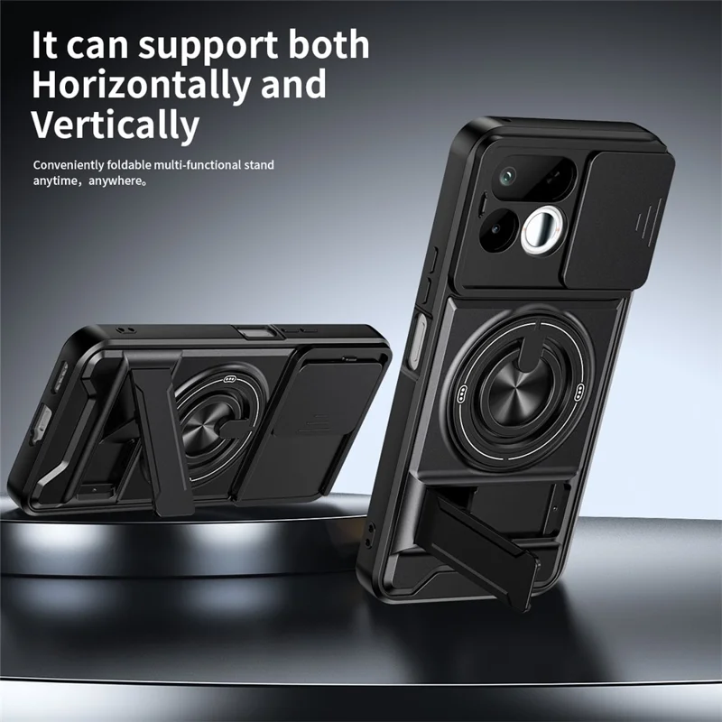 For Realme 16T 5G Magnetic Case Ring Holder Foldable Kickstand TPU PC Phone Cover with Camera Lens Slider - Black