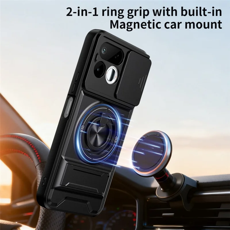 For Realme 16T 5G Magnetic Case Ring Holder Foldable Kickstand TPU PC Phone Cover with Camera Lens Slider - Black