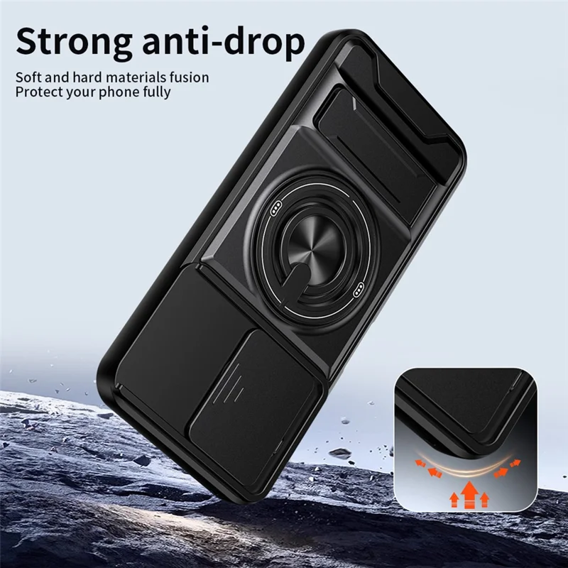For Realme 16T 5G Magnetic Case Ring Holder Foldable Kickstand TPU PC Phone Cover with Camera Lens Slider - Black