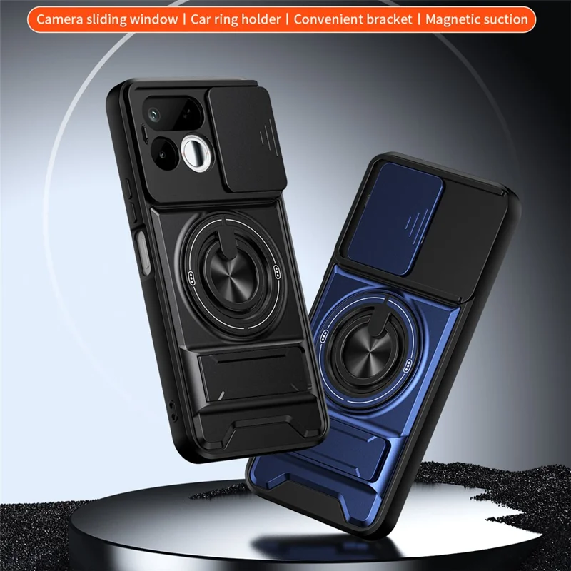 For Realme 16T 5G Magnetic Case Ring Holder Foldable Kickstand TPU PC Phone Cover with Camera Lens Slider - Black