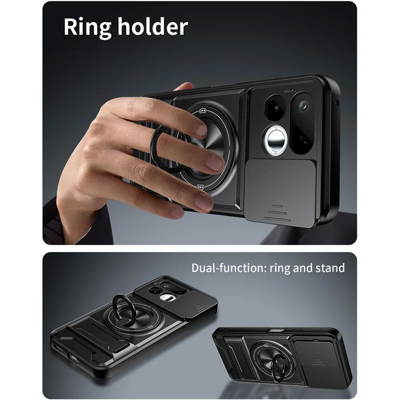 For Realme 16T 5G Magnetic Case Ring Holder Foldable Kickstand TPU PC Phone Cover with Camera Lens Slider - Black