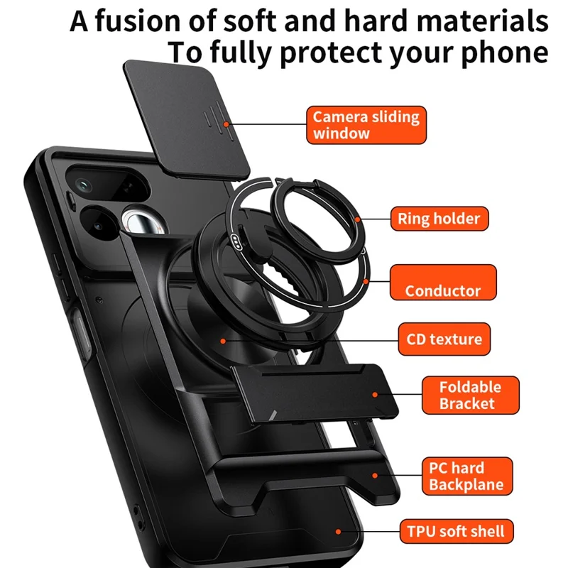 For Realme 16T 5G Magnetic Case Ring Holder Foldable Kickstand TPU PC Phone Cover with Camera Lens Slider - Black