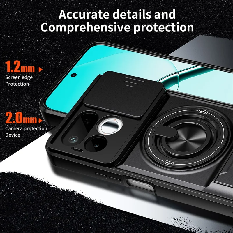 For Realme 16T 5G Magnetic Case Ring Holder Foldable Kickstand TPU PC Phone Cover with Camera Lens Slider - Black